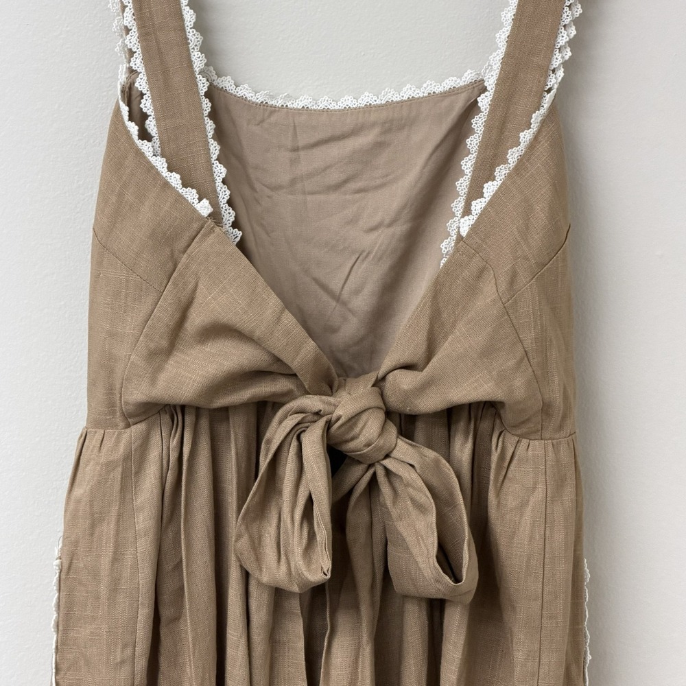 VICI, Tan Linen Blend Crochet Lace Trim Wide Leg Tie Back Jumpsuit Size Large - Picture 6 of 9